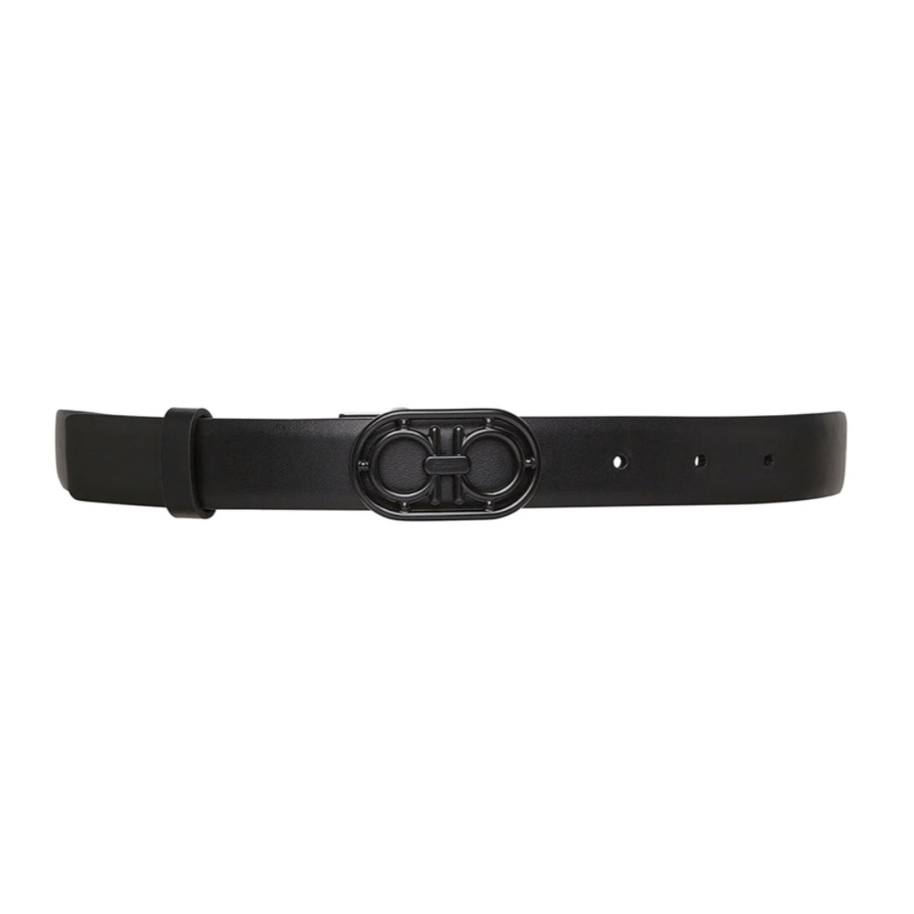 NWT $395 Salvatore Ferragamo Double Gancio Leather Belt NERO, Size 85